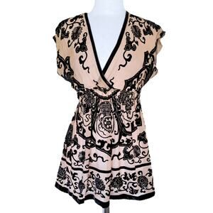 Hale Bob Babydoll Top Nude Black Velvet Beaded Size Small V-neck Boho Y2K